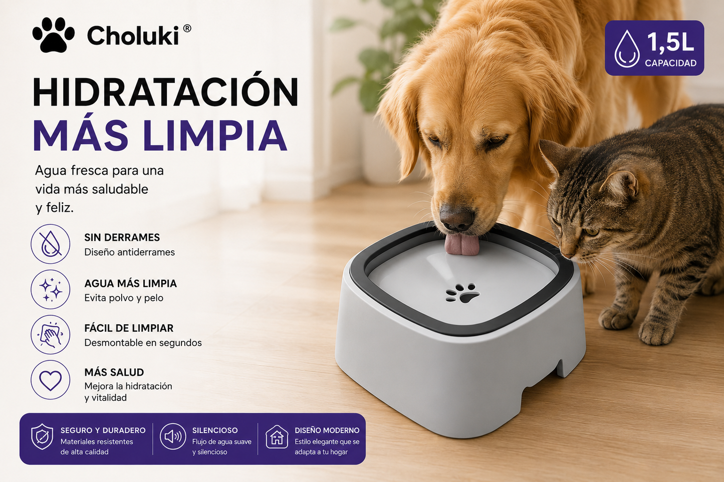 🐾 Bebedero Antiderrames 1,5L para Perros y Gatos | Choluki®