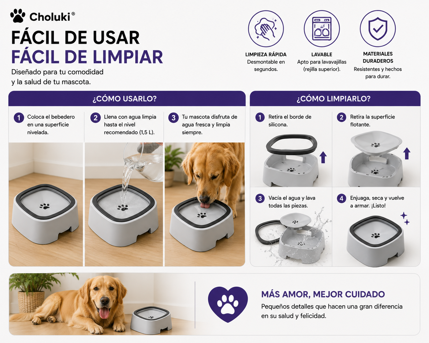 🐾 Bebedero Antiderrames 1,5L para Perros y Gatos | Choluki®